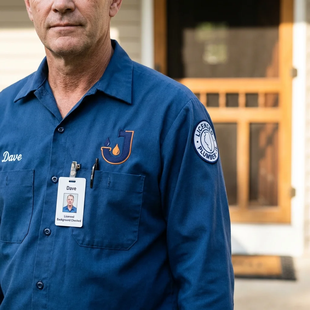 Licensed plumber showing ID badge in Mooresville, IN