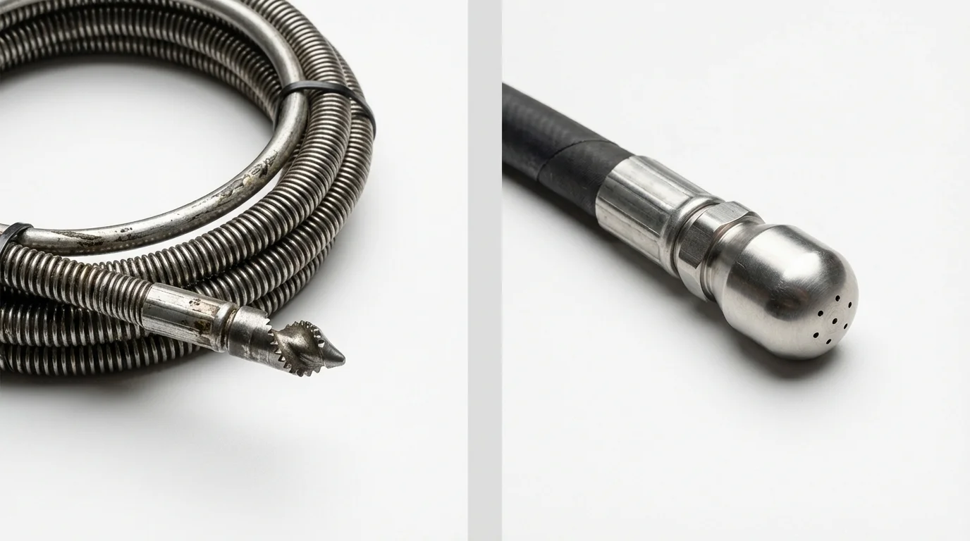 Drain snake cable and hydro jetting nozzle used for drain cleaning in Mooresville, IN