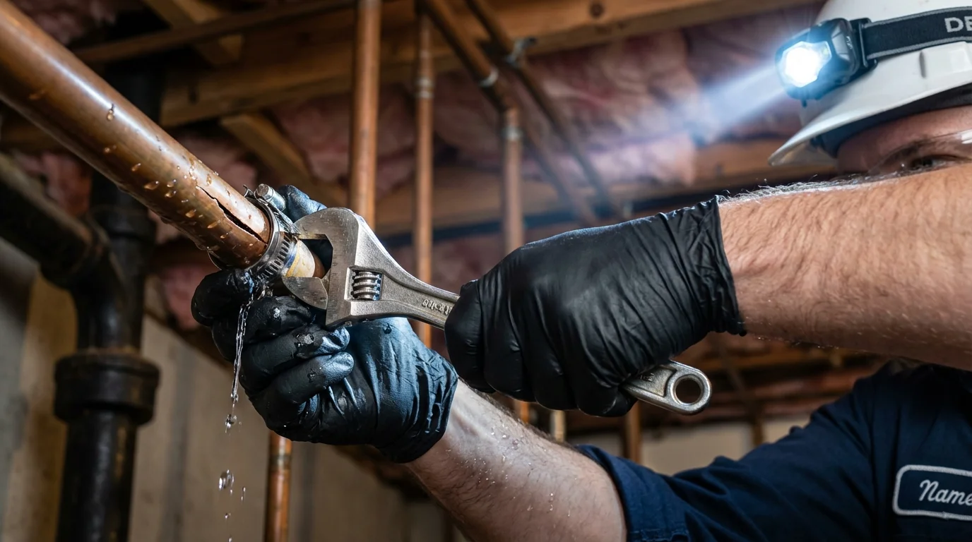 Emergency pipe clamp repair being performed by a Johns Plumbing LLC plumber in Mooresville
