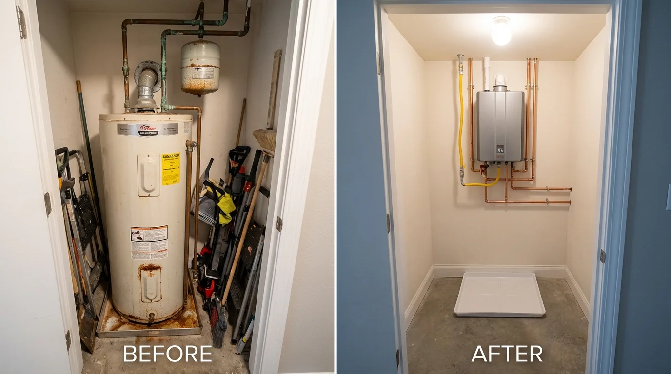 Tank water heater versus wall-mounted tankless unit comparison for Mooresville, IN homeowners