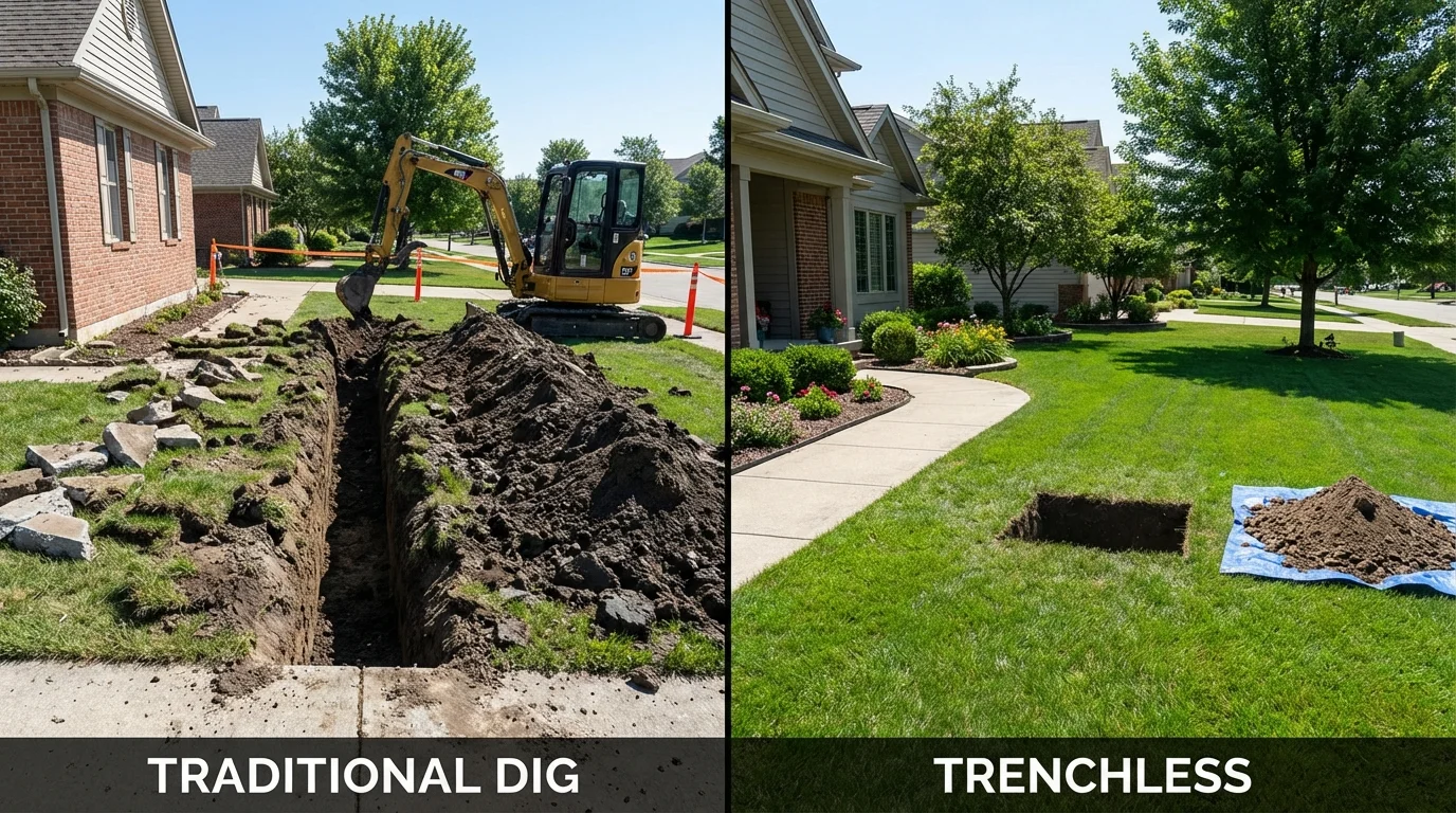 Trenchless sewer repair with minimal yard damage versus traditional excavation in Mooresville, IN