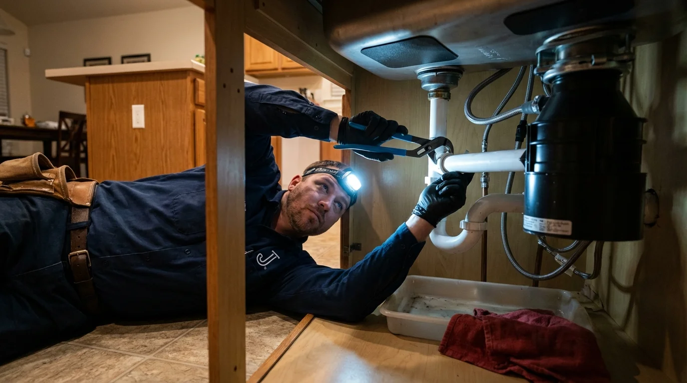 P-trap and supply line connections under a kitchen sink showing a common leak point in Mooresville, IN
